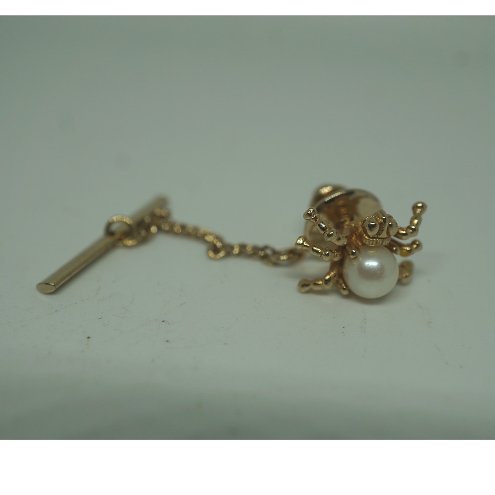 Swank Vintage Gold Tone Spider Tie Tac with Pearl Accent and Safety Chain